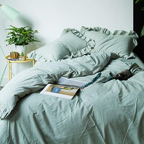 Susybao Sage Ruffle Duvet Cover Queen 100% Washed Cotton Retro Farmhouse Duvet Cover Set 3 Pcs 1 Green Lace Rustic Duvet Cover With Zipper Ties 2 Pillow Shams Luxury Aesthetic French Country Bedding #TOP1