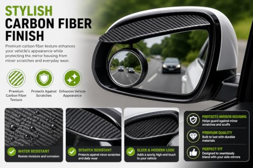 Image of 2 pcs Car Rearview Blind Spot Mirrors with Rain Guard, 2-in-1 Carbon Fiber Rain Eyebrow Reflective Protection Shield, 360 Adjustable HD Blindspot Mirror, Universal Car Exterior Accessories