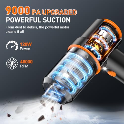 Image of KMM Handheld Car Vacuum Cleaner, 9000PA Vacuum Cleaner & Air Duster, 120W High Power Vacuum Portable Cordless, Hand Held Vacuum Rechargeable with Multi-Nozzles & LED Light for Home, Car, Office