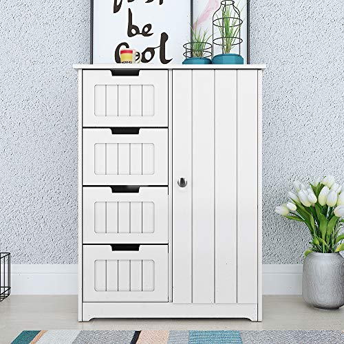 DlandHome 60 x 30 x 83CM Armario Mueble Almacenaje Organizador 4 Cajones y 1 Puerta con Estante Ajustable Auxiliar Cómoda para Baño Cocina Salón y Dormitorio