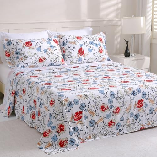LONAVA Flower Queen Size 6 Pcs Sheet Set, Breathable Microfiber Deep Pocket White Fitted Sheets, Comfy & Breathable Patterned Flat Sheets,4 Gentle Soft Pillowcases, Red Bud by LONAVA - Used condition - US$20.91