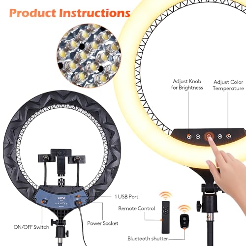 Image of GWO 18 inch LED Ring Light with Tripod Stand 6000K Dimmable Makeup Selfie Light with Touch Panel Phone Holders for YouTube Vlog Video Shooting Include Carrying Bag and Remote Control CRI>90