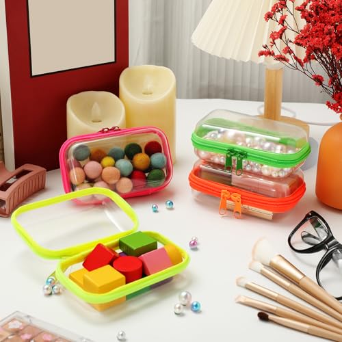 Image of Hoolerry 4 Pcs Hard Clear Zipper Case Makeup Bags Plastic Zipper Pouch Transparent Storage Box Containers for Cosmetics, Snacks, Building Blocks, Puzzles(Clear,5 x 3 x 2 in,Fluorescent)