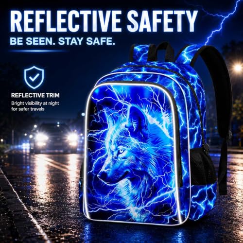Image of 3Pcs Wolf Backpack for Boy, 17 inch Lightning Bookbag for Elementary Preschool Kindergarten, Kids School Backpacks with Lunch Box (Blue)