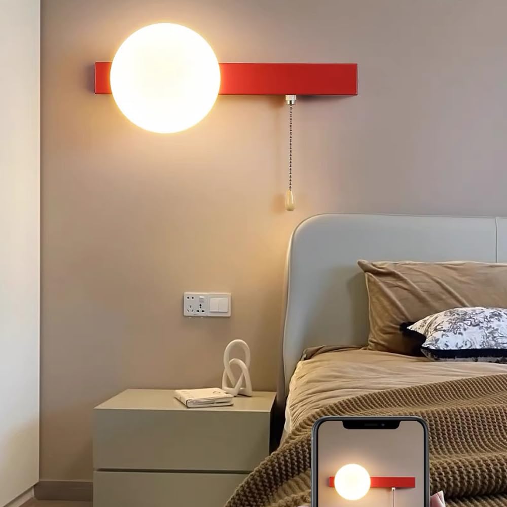 Apliques de pared modernos rojos Lámpara de pared moderna con forma de globo con interruptor de extracción y pantalla acrílica blanca como la leche, aplique de pared de metal con cableado G9,