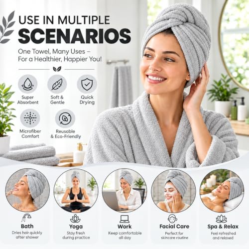Image of Hair Towel Wrap for Women-Quick Drying Microfiber Towel for Hair with Elastic Loop for Tying-Super Absorbent Head Towels Wrap for Ladies Hair Turban (Pack of 1,Grey)
