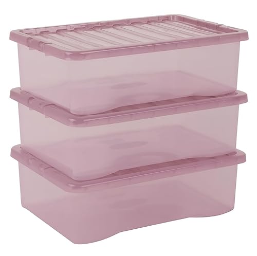 Muddy Hands Pack of 3 - Dusty Orchid Pink Clear Plastic Under Bed Storage Boxes with Lids - 32 Litre Capacity - Stackable & Durable Container for Clothes, Shoes, Bedding & Home Organisation
