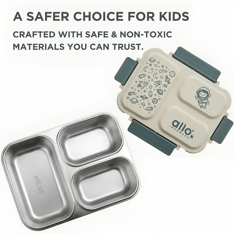 Image of Allo Bento Stainless Steel Lunch Box for Kids- BIS Approved, 304 Stainless Steel 3 Compartment Leakproof Tiffin Box for Boys and Girls for School, Travelling, Baby Snacks, 740ml Green Space