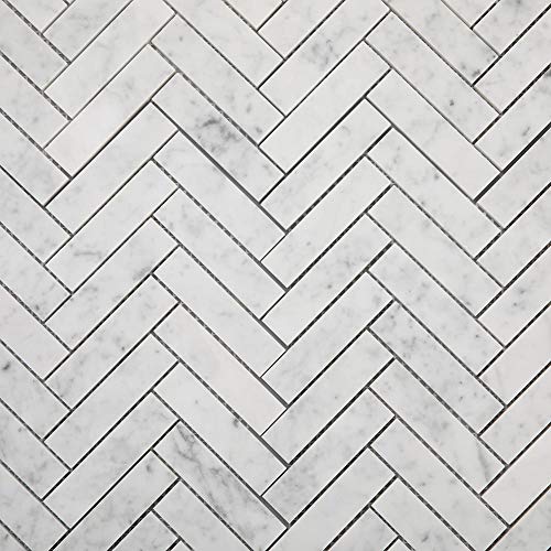 Soulscrafts Italian White Carrara Marble 1 X 4 Herringbone Mosaic Tile Polished For Kitchen Backsplash Bathroom Wall & Floor Tile 5 Sheets/Box #TOP6