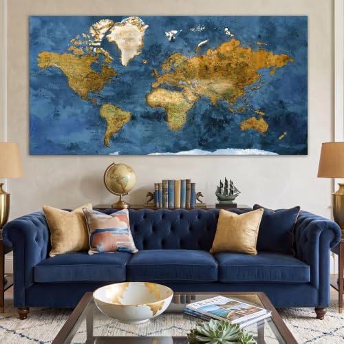 Image of World Map Wall Art for Living Room - Large Blue World Maps for Wall Decor, Framed Canvas Map Wall Art, Modern Abstract Office Wall Art, Artwork for Walls 20x40IN