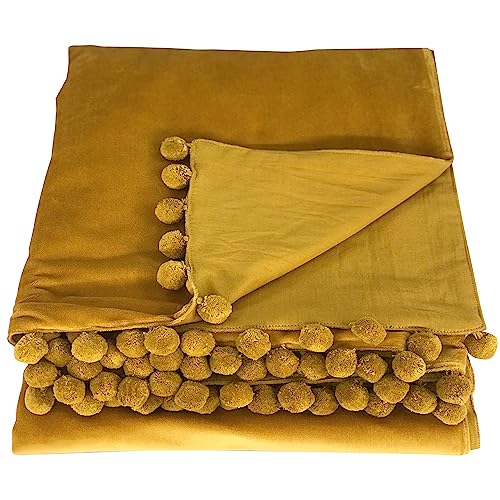 Ragged Rose 140 cm x 180 cm Throw Blanket, Pom Pom Throw Made of Cotton Velvet with Pompom Trims on Sides