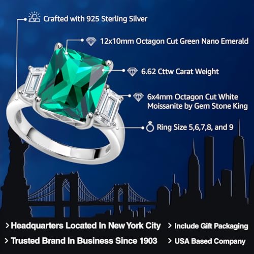Gem Stone King 6.62 Cttw 925 Sterling Silver Emerald Cut Green Nano Emerald and White Moissanite 3 Stone Ring | 3 Stone Wedding Anniversary Promise Ring For Women | Available In Size 5, 6, 7, 8, 92