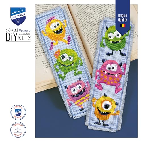 Image of Vervaco Cross Stitch Bookmark Kit Little Monsters (Set of 2) 2.4 inch x 8 inch