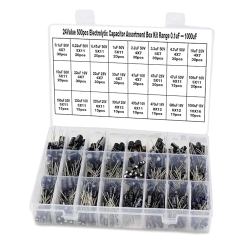 Image of 500Pcs 24Values Electrolytic Capacitor Assortment Kit 10V /16V /25V /50V Range 0.1uF-1000uF, Perfect for Electronics, Power Boards & DIY Projects