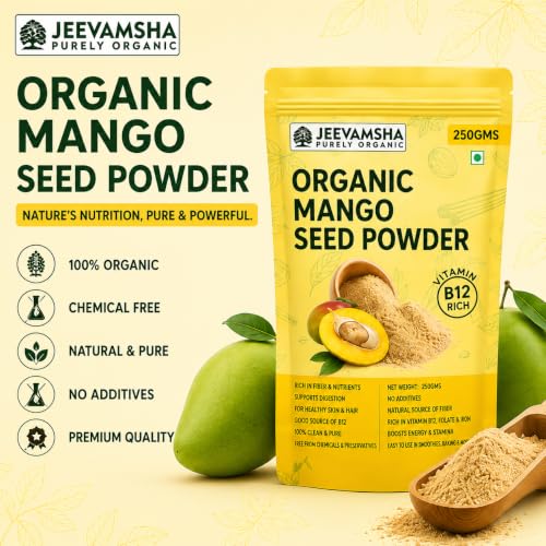 Image of Mango Seed Powder with Vitamin B12 250g - Raw, Vegan, Gluten-Free - Immune & Digestive Support Superfood - Non-GMO Herbal Supplement - Resealable Pouch
