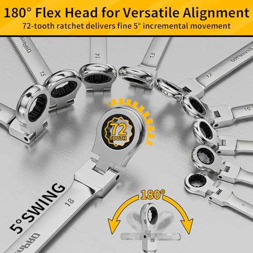 Image of GRENPRO 23PCS Flex-Head Ratcheting Wrench Set, Combination Ratchet Wrenches Set Metric and Standard & SAE with Organizer Box, 6-18mm & 1 /4 inch to 3 /4 inch with Color Ring, CRV Socket Mechanic Tools Sets