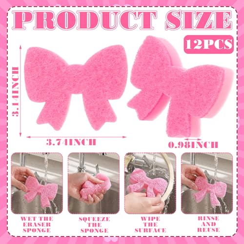 Image of Tioncy 12 Pack Pink Bow Sponges Bulk Preppy Dual Sided Scrubber Stylish Pink Bow Sponges Reuseble Non Scratch Dishwashing Kitchen Cleaning Accessories for Cookware Pot Boiler Pan Household