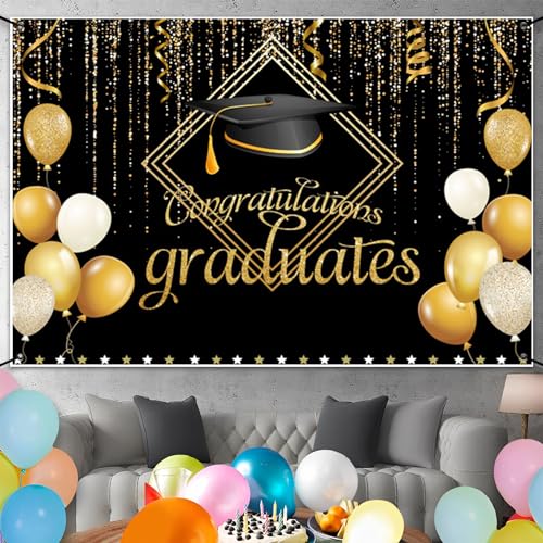 MIRRORANG Polyester 6x3.6ft Black Gold Congratulation Graduates Banner, Graduation Banner - Image 2