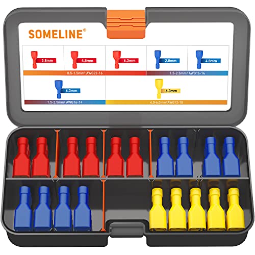 Bornes femelles entièrement isolées à déconnexion rapide femelle 0,5-6,0 mm² (22-10 AWG) Largeur de fente 2,8 mm 4,8 mm 6,3 mm Bornes électriques SOMELINE Connecteur de câble 7 tailles 70 pièces Cover