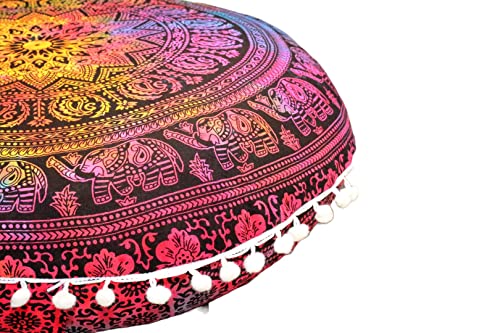 Craft Kala Round Mandala Boho Pillow Meditation India Room Seating Poufs For Living Room Yoga Room Home Décor Bedroom Balcony Garden Party Decoration Cotton Floor Cushion Cover (22", Multi Elephant) #TOP3