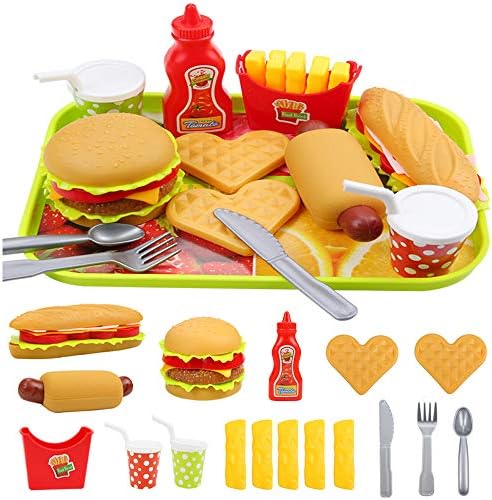 Elitao Pretend Play Fast Food Set, Play Food for Kids Kitchen - Play Kitchen Accessories - Toy Foods with Play Burger and Hot Dog Plastic Food for Pretend Play, Kids Toddler Childrens Birthday Gifts
