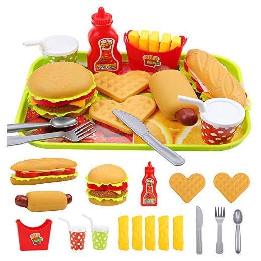 Elitao Pretend Play Fast Food Set, Play Food for Kids Kitchen - Play Kitchen Accessories - Toy Foods with Play Burger and Hot Dog Plastic Food for Pretend Play, Kids Toddler Childrens Birthday Gifts