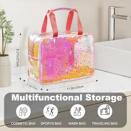 TPU Clear Makeup Bag for Women Waterproof Star Make Up Bag Toiletry Bag Travel Durable Cosmetic Bag Large Cute Tote Bag Organizer Makeup Pouch, Rainbow White4