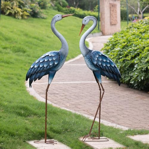 Kircust Outdoor Blue Heron Statues Metal Garden Crane Sculptures, Bird