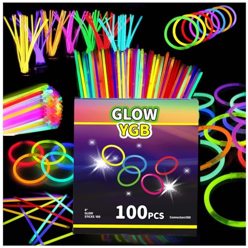 100PCS Glow Sticks Bulk Party Pack, Halloween Glow Sticks For Kids Camping, Glow In The Dark Sticks,8” Glow Party Supplies Bracelets with Connectors