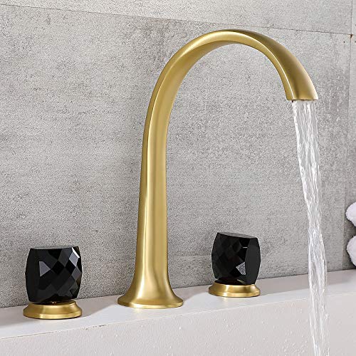 VAPSINT Widespread Two Handle 3 Hole Bathroom Faucet Brushed Gold, Lavatory Vanity Bath Faucets Set with Black Lever for Sink VA-JLT110G-1
