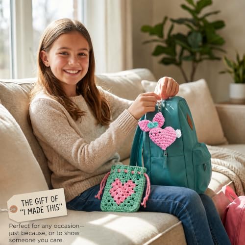 Wimmsie Crochet Animal Kit for Beginners - Easy Granny Square Crochet Kit for Beginners Kids & Adults - Cute Amigurumi Heart Bunny Keychain & Mini Heart Purse - Step by Step Video Tutorials — view 6