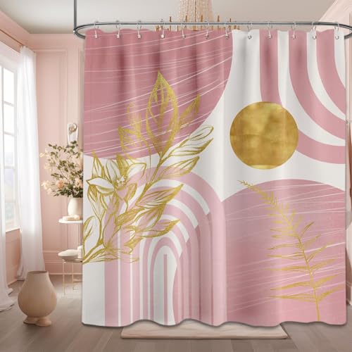 QGHOT Blush Pink and Gold Shower Curtain Boho Mid Century
