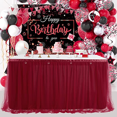 QueenDream FBA-9FT2LayerBurgundy Burgundy Skirt for Rectangle 9FT Table Skirting Tüll-Tischrock für rechteckige Tische, 2,7 m, Polyester und Nylon, Burgunderrot + LED-Licht