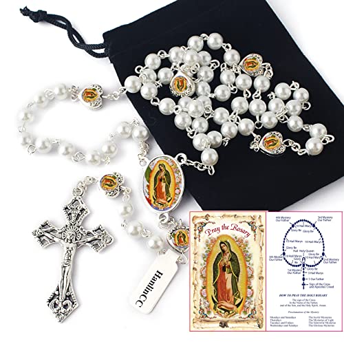 HanlinCC Glass Pearl Beads Our Lady of Guadalupe Epoxy Heart Metal Beads Rosary Necklace Pack in Velvet Bag with Pray Card2