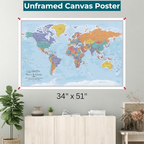 Image of Blue Oceans World Travel Map Poster with Pins - Personalized Canvas Wall Art - Extra Large 34 inch x 51 inch