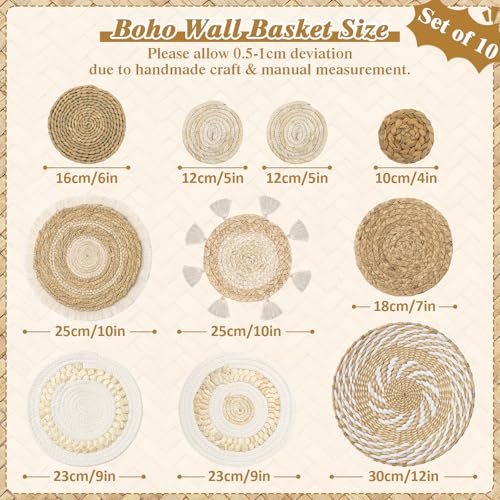 Weldomcor Boho Wall Decor Set of 10 Rattan Flower Wall Decor Woven Wall Basket Decor Handmade Seagrass Round Wall Decor Chic Wall Art for Home Living Room Bedroom Farmhouse Nursery Decor - Image 2