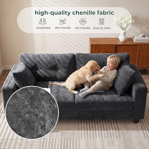 Image of 70 inch Loveseat Sofa for Living Room, Modern Chenille Cloud Couch with USB /Type-C Charging Ports, Side Pockets, Removable Cover, Wide Armrests, Small Couch for Small Space, Easy to Assemble, Grey