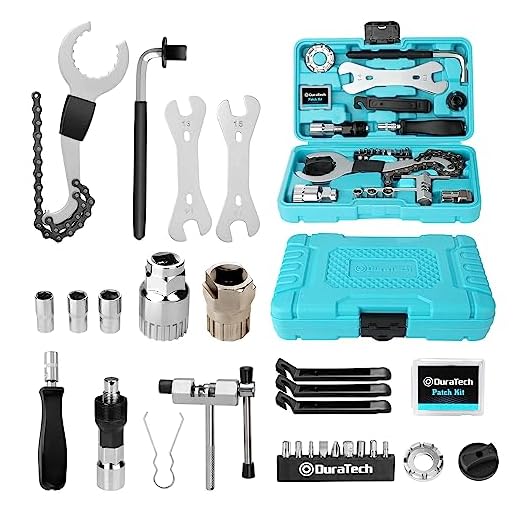 DURATECH 31 Pieces Bicycle Tool Kit, Complete Bike Repair Kit with Storage Box, Mountain Bike Repair Tools, for Mountain, Road, and Park Bicycle with Chain Riveter, Tire Levers, Crank Puller