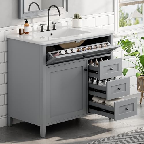 Image of 36 inch Bathroom Vanities with Top Set, Cabinet with Right-Side Multi-Functional Tip-Out Drawer and Adjustable Shelf, Soft-Closing Door, Solid Wood Legs, Gray