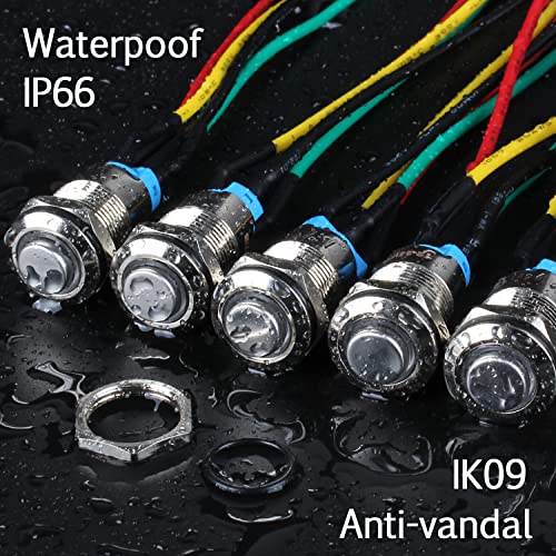 Image of 2Pcs 12mm Metal Latching Push Button Switch Waterproof Anti-Vandal High Round Head Silver Shell with 15cm Pre-soldered Cable 1NO 12V-24V ON-Off for 1 /2 inch Mounting Hole with Halo Ring Green LED