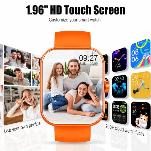Image of 2026 Smart Watch for Men Women (Answer /Make Call), 1.96 inch HD Fitness Tracker Running Watch,IP68 Waterproof,Pedometer, Sleep /Step /Activity /Heart Rate Monitor,110 Sport Mode Smartwatch for Android,Orange
