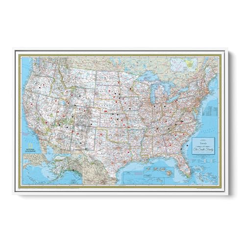 Image of National Geographic Classic USA Map with Pins - Personalized United States Travel Map Canvas - Framed Wall Decor - White Float Frame - 30 inch x 45 inch