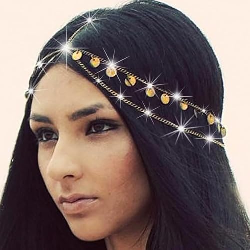 Aceorna Boho Headbands Jewelry Sequins Head Chain Head Piece Layring Hair Pieces Spring Holloween Summer Head Chains Gold Hair Accesories for Women