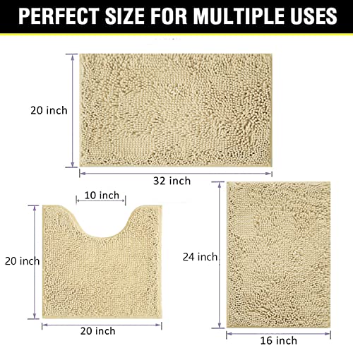 Image of Bath Rugs Chenille 3-Piece Extra Soft and Absorbent Shag Beige Bathroom Rugs, Machine Wash Mat, Strong PVC Non-Slip Underside, Plush Carpet Mats (Beige)
