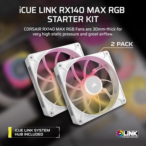 Image of CORSAIR iCUE Link RX140 MAX RGB 140mm PWM Thick Fans with iCUE Link System Hub - High-Static Pressure - Magnetic Dome Bearing - Dual Pack - White