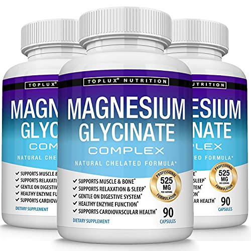 3X Bottles Magnesium Glycinate Complex 525 mg Chelated - Formulated for Calm, Sleep, Muscle Relaxation & Recovery, Maximum Bioavailability, Vegan for Men Women, 3X 90 Capsules, Toplux