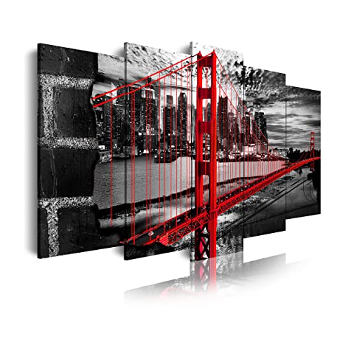 DekoArte - Cuadros Modernos Impresión de Imagen Artística Digitalizada | Lienzo Decorativo Para Tu Salón o Dormitorio | Estilo Ciudades EEUU Golden Gate Blanco Negro Rojo | 5 Piezas 150 x 80 cm