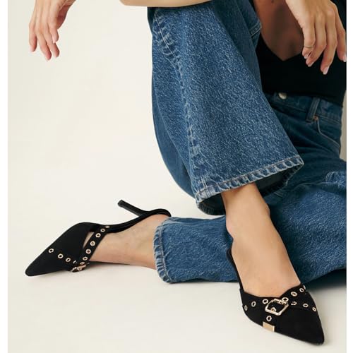 Image of Dsevht Black Kitten Heels for Women Pointed Closed Toe Dressy Bow Heel Vintage Heeled Mules Sexy Pointy Studded Slip on Stiletto Pump Shoes