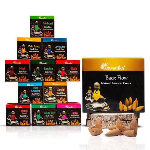 ARO VATIKA Backflow Natural Masala 120 Incense Cones | Pack of 11 Different Assorted Fragrances | for Home Fragrance & Prayers | Size 32mm | Burn Time- Approx 18 Minutes