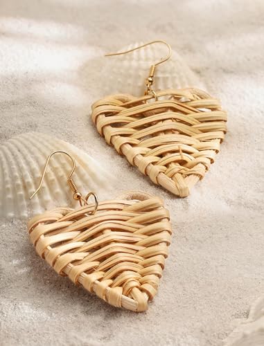 Image of MINACHI Boho Chic Handmade Rattan Wood Dangle Drop Earrings for Women, Bohemian Summer Beach Statement Jewelry Gift for Women